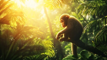 Obraz premium Young monkey sitting on a branch in a lush jungle, sunlight shining through leaves.
