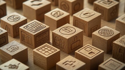 Fototapeta premium Engraved Wooden Blocks with Various Icons on a Light Background