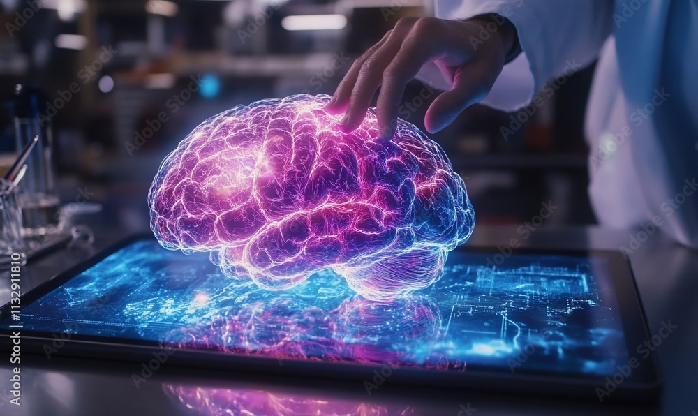 Poster a futuristic depiction of a glowing brain on a tablet, symbolizing technology and cognition.