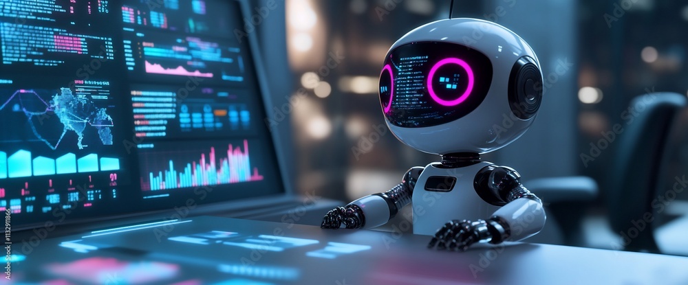 Aufkleber A futuristic robot analyzing data on a high-tech screen.