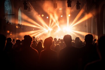 Concert crowd experiences vibrant light show in historic venue during electrifying performance