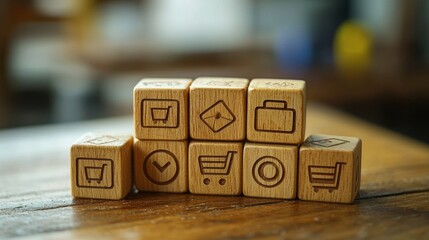 Engraved Wooden Blocks Featuring E-commerce Related Symbols