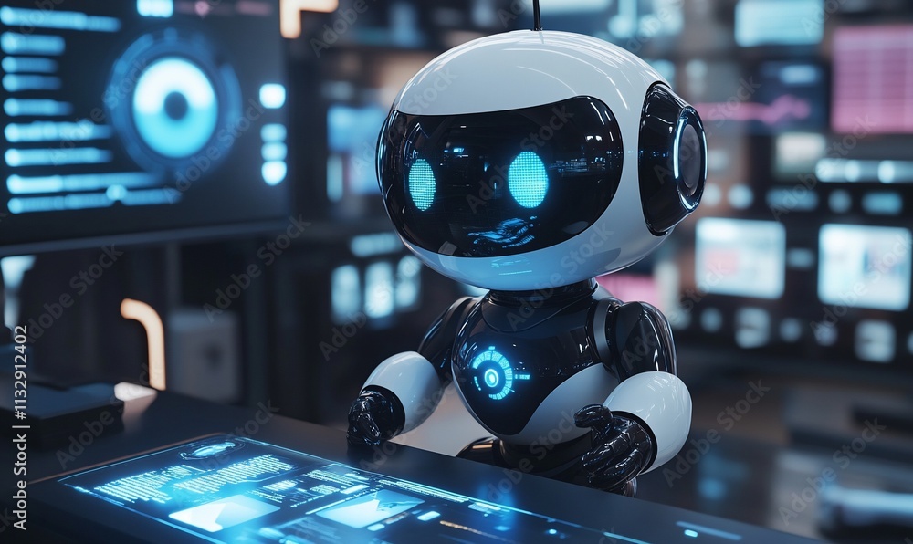 Aufkleber a futuristic robot interacting with technology in a digital workspace.