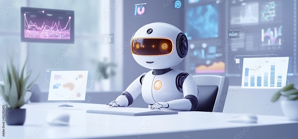 Aufkleber A futuristic robot working at a high-tech desk with data displays.