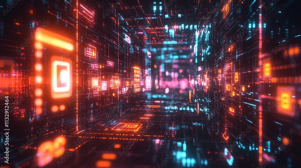 Poster A futuristic digital tunnel filled with glowing data and technology elements.