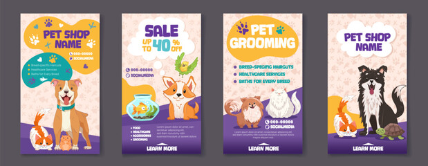 Set of Social media post templates for pet shop, dog grooming and sale promotion. Cute and modern design with dogs, cat, parrot, hamster and paw print patterns. Vector cartoon illustration for flyer