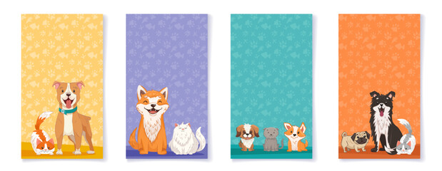 Vertical poster templates with cute pets. Dogs and cats of different breeds. Dog grooming, pet adoption, shop banner for your design in social media. Vector cartoon illustration