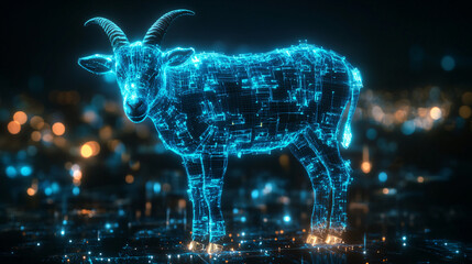A cyber agricultural research icon with a glowing goat, representing online platforms focused on sustainable farming practices and animal welfare.  