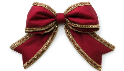 A decorative red bow with gold trim, often used for gifts or festive decorations.
