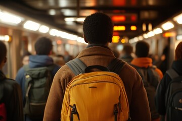Fototapeta premium Crowd of commuters walking through subway corridor during evening rush hour