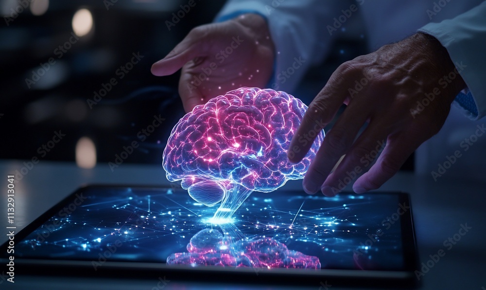 Poster a glowing brain hologram being interacted with on a tablet screen.