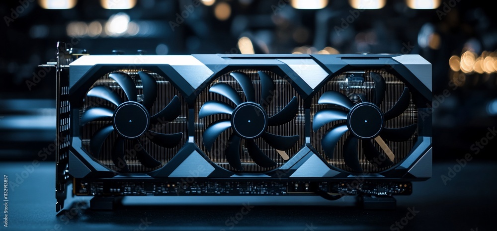 Poster a high-performance graphics card with three cooling fans for gaming.
