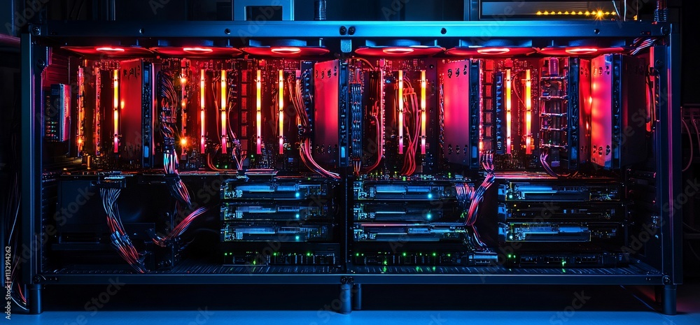 Poster A high-performance server rack illuminated with colorful lights.