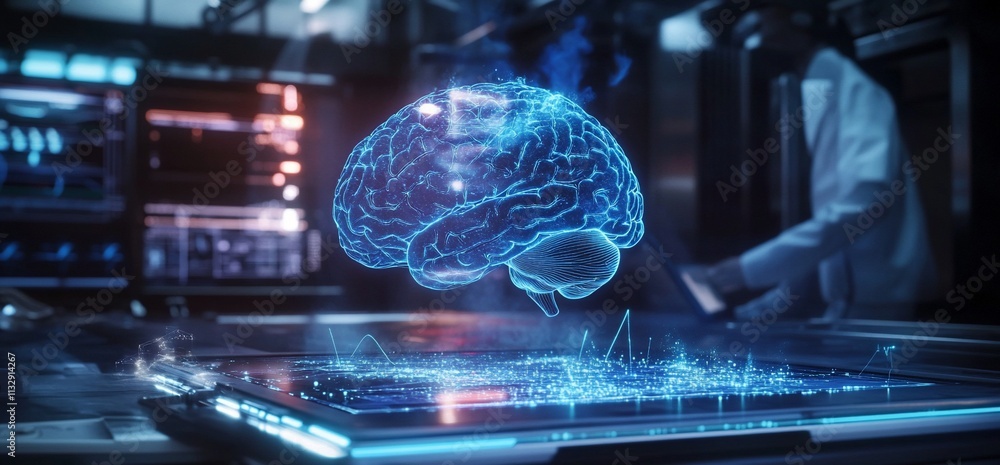 Poster a holographic brain visualization in a high-tech laboratory setting.