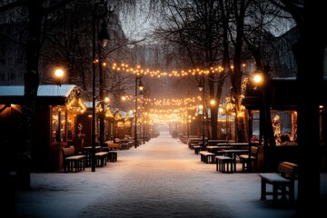 Twinkling lights decorate a snowy market path during a winter evening in a charming city