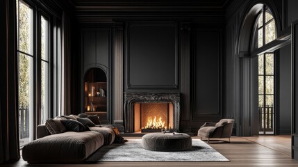 Fototapeta premium A modern living room featuring dark tones, a cozy fireplace, and elegant furnishings.