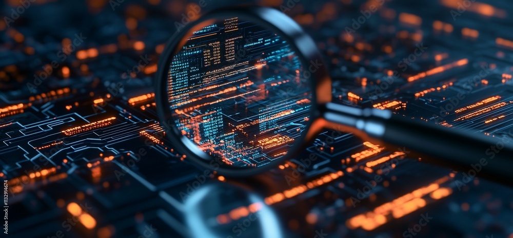 Poster A magnifying glass over a digital circuit board displaying data.