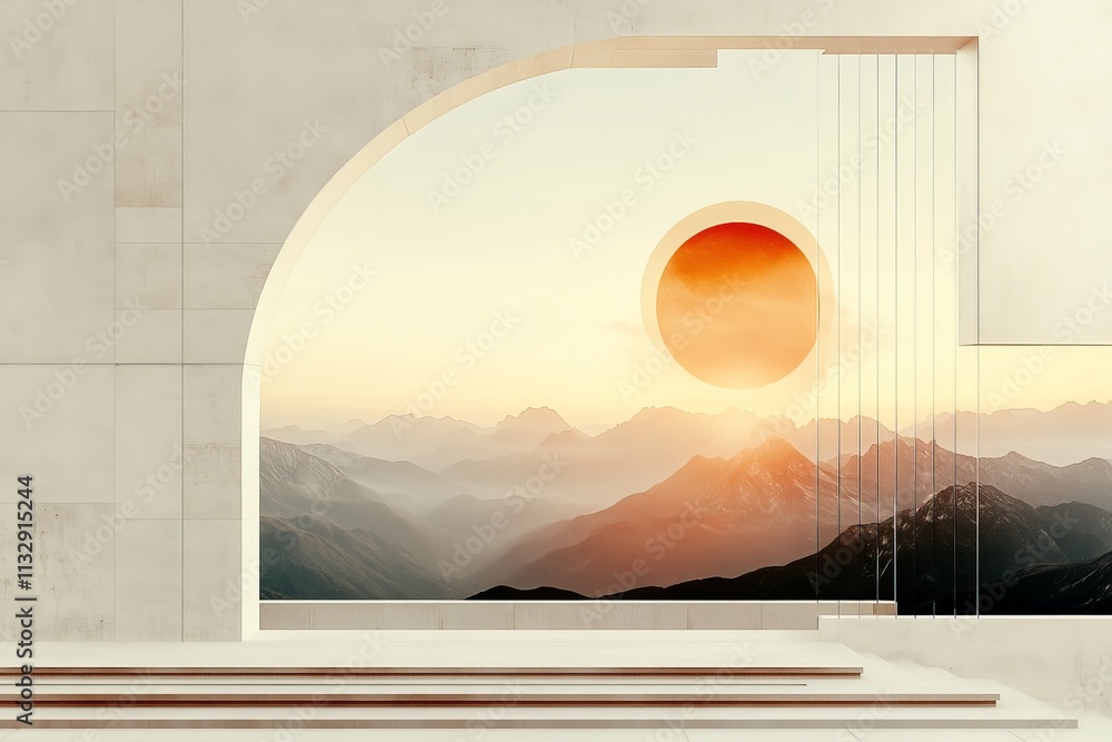Poster sunset view through modern architectural design with mountains in the background