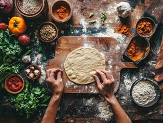 Chapati Preparation Scene with Vibrant Spices and Freshly Cooked Bread