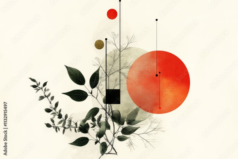 Poster abstract composition of leaves and geometric shapes with warm colors on a light background
