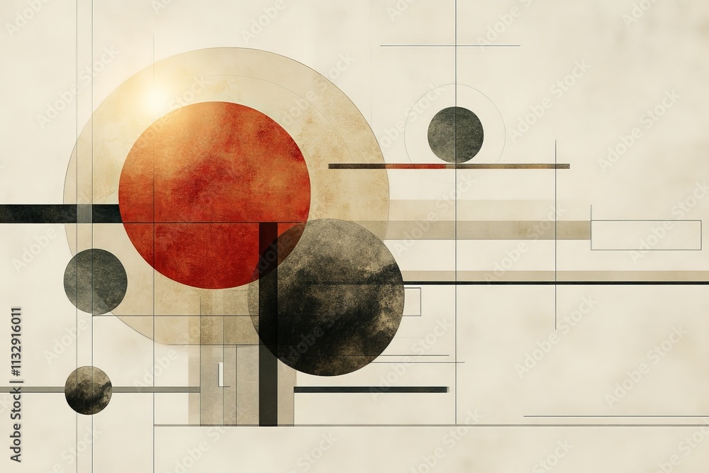 Poster abstract geometric composition with circles and lines on a textured background