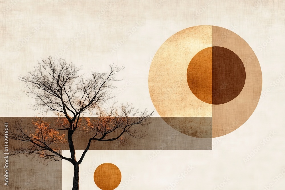 Poster artistic representation of a barren tree and geometric circles against a textured background