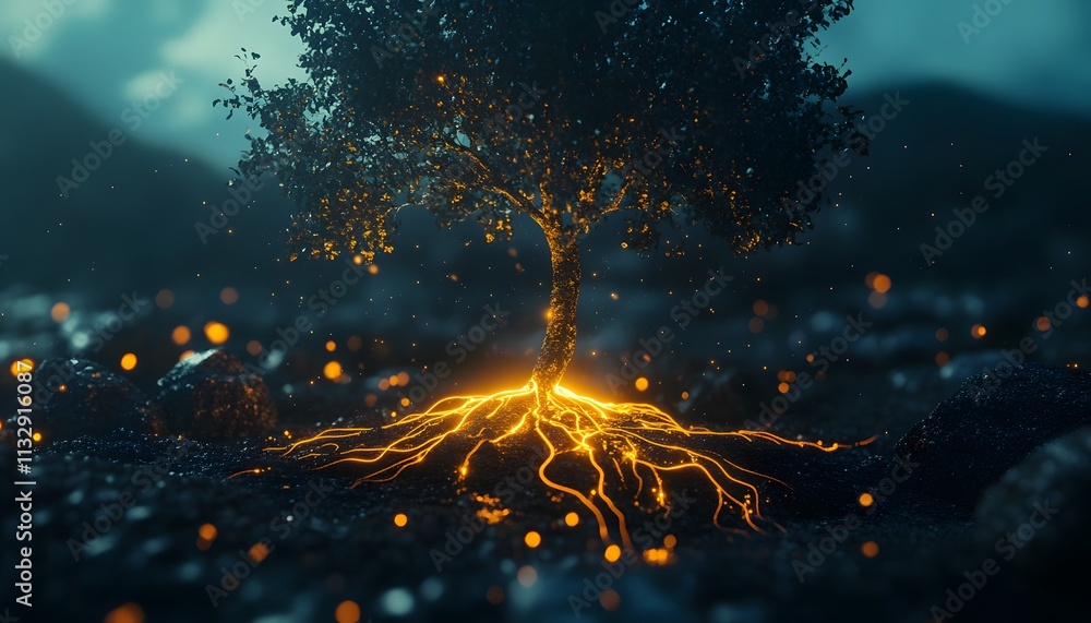 Poster Illuminated Tree with Glowing Roots in a Mysterious Landscape, Surrounded by Sparkling Lights and Ethereal Atmosphere Capturing Nature’s Magic and Beauty