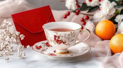 Fototapeta premium Lunar New Year table setting featuring fine porcelain tea and festive symbols