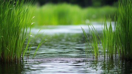 Obraz premium A serene water scene with tall green grass reflecting in calm water.