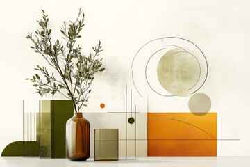 Modern botanical arrangement with geometric elements in a minimalistic setting