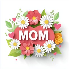 Heart-shaped floral illustration featuring the word 'MOM' with daisies, roses, and green leaves on a white background