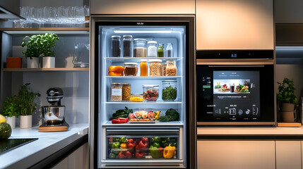 A high-tech smart fridge with a touchscreen interface, displaying groceries and recipes while kitchen appliances surround it.