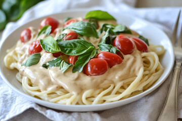 A creamy vegan pasta dish topped with fresh basil and cherry tomatoes served on a white plate
