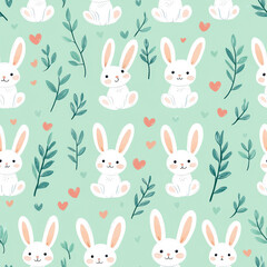 Obraz premium Cute seamless cartoon pattern of white rabbits with hearts and leaves on green