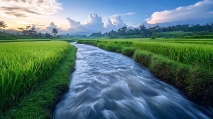 Obraz premium River flowing through rice paddy fields