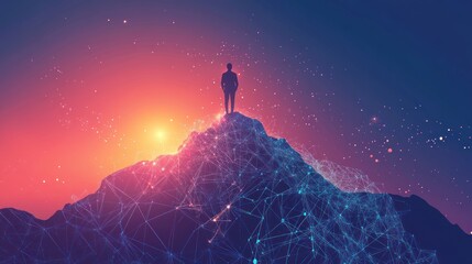 Fototapeta premium A silhouette stands atop a mountain, surrounded by a vibrant, digital landscape.