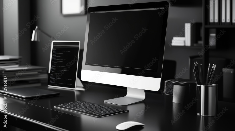 Poster a sleek workspace featuring a computer setup for productivity.
