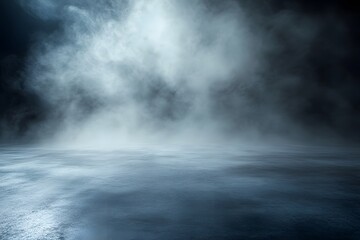 Fototapeta premium Mysterious Smoke-Filled Stage: Dark, moody, atmospheric background with thick, swirling smoke and a reflective floor, perfect for dramatic product displays or eerie scenes.