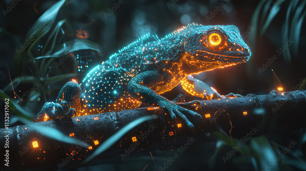 Poster a cyber bioinformatics icon featuring a glowing lizard, representing online platforms for studying r