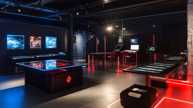 A minimalist gaming café design featuring sleek black furniture, vibrant neon lights, and advanced gaming stations creating a modern and immersive atmosphere