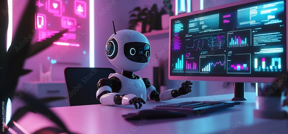 Fototapete a robot working at a computer in a high-tech, colorful environment.