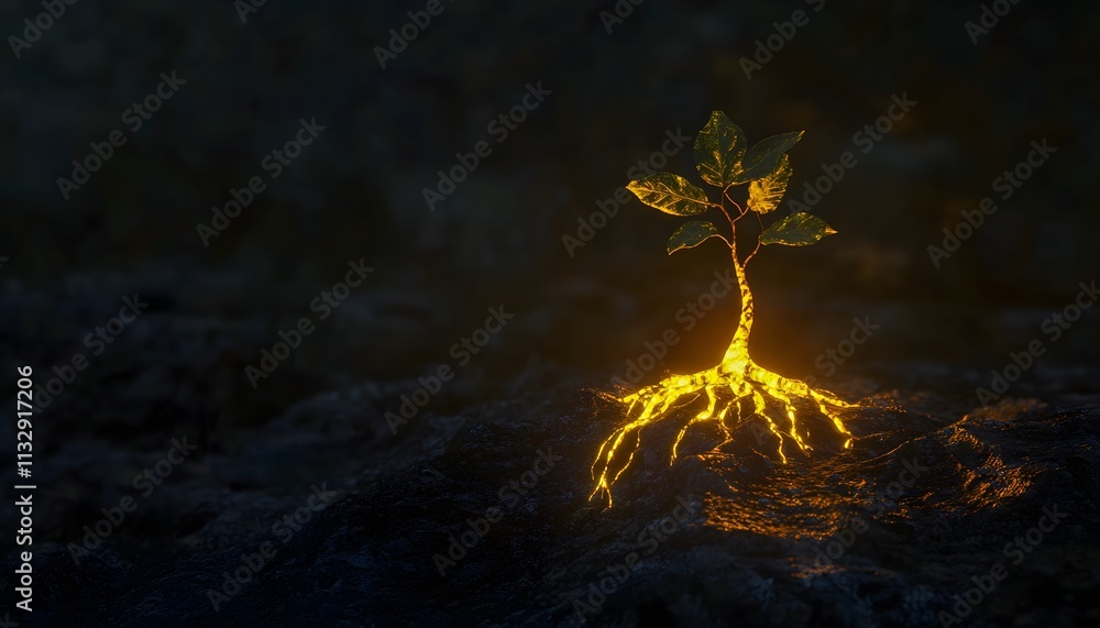 Poster glowing tree with illuminated roots against dark background, symbolizing growth, life, and connectio