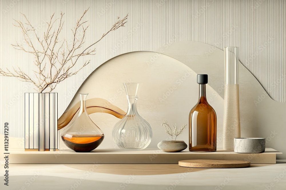 Poster elegant display of glassware and decorative elements on a minimalist shelf in soft natural tones
