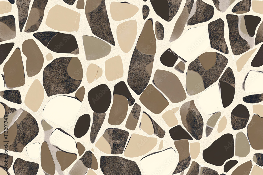Poster a mosaic-inspired abstract pattern features irregular shapes in various shades of beige, brown, and 