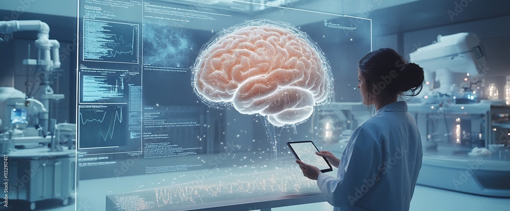 Poster A scientist interacts with a digital brain display in a high-tech lab.