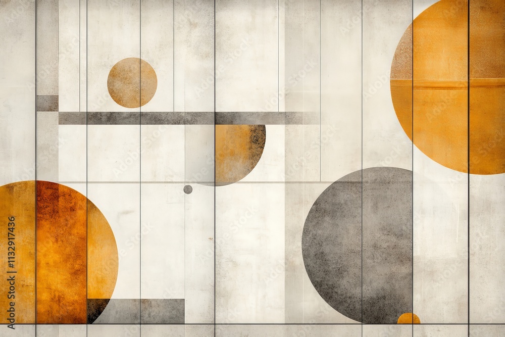 Aufkleber abstract geometric design featuring circles and rectangles in warm tones on a textured background