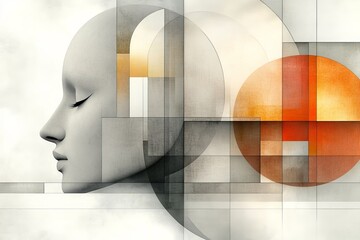 Abstract representation of a serene face with geometric shapes and warm colors blending softly in...