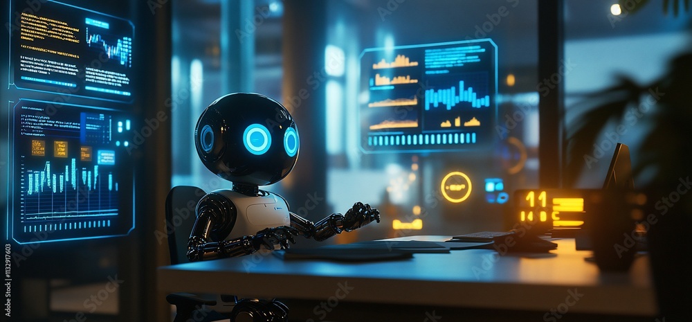 Aufkleber A robotic figure interacts with digital data in a modern office setting.