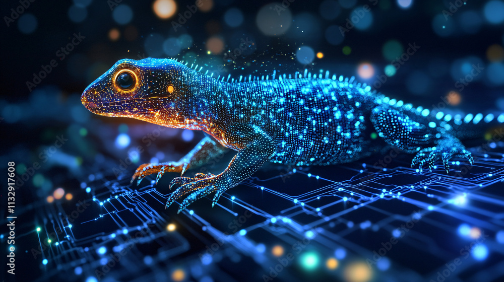 Poster a cyber bioinformatics icon featuring a glowing lizard, representing online platforms for studying r