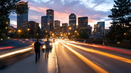 Fototapeta premium City skyline at sunset with blurred traffic and pedestrians.